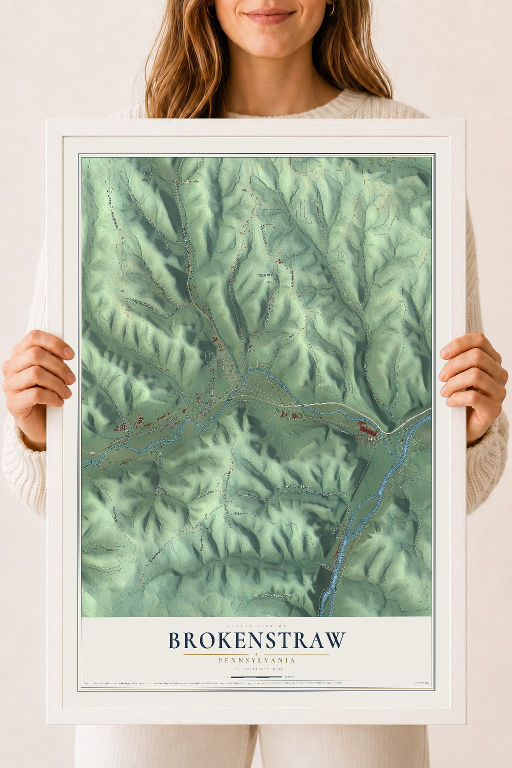 Map of Brokenstraw, Pennsylvania, 18 x 24 inch print in a white wood frame