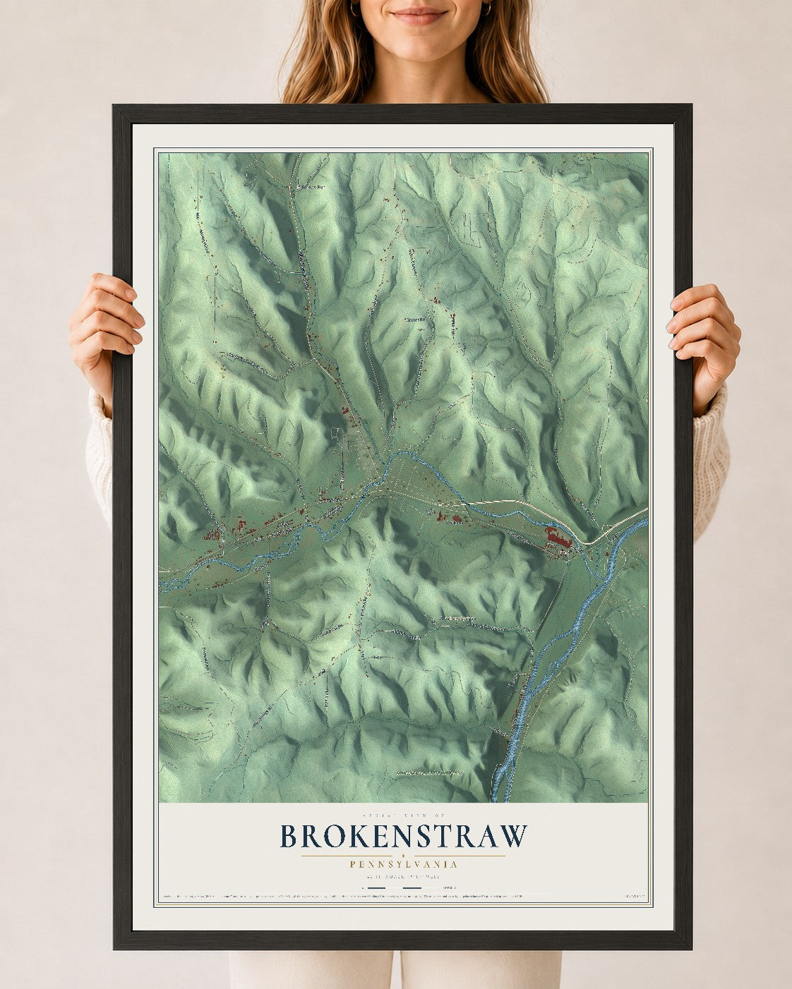 Map of Brokenstraw, Pennsylvania, 24 x 36 inch print in a black wood frame