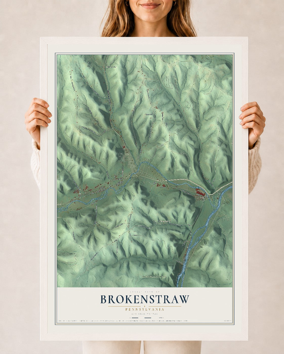 Map of Brokenstraw, Pennsylvania, 24 x 36 inch print in a white wood frame