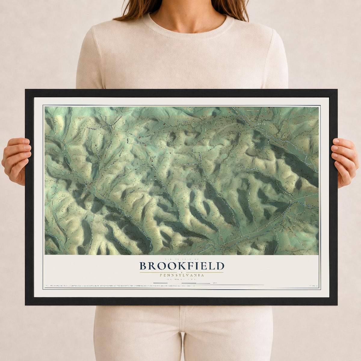 Map of Brookfield, Pennsylvania, 12 x 18 inch print in a black wood frame