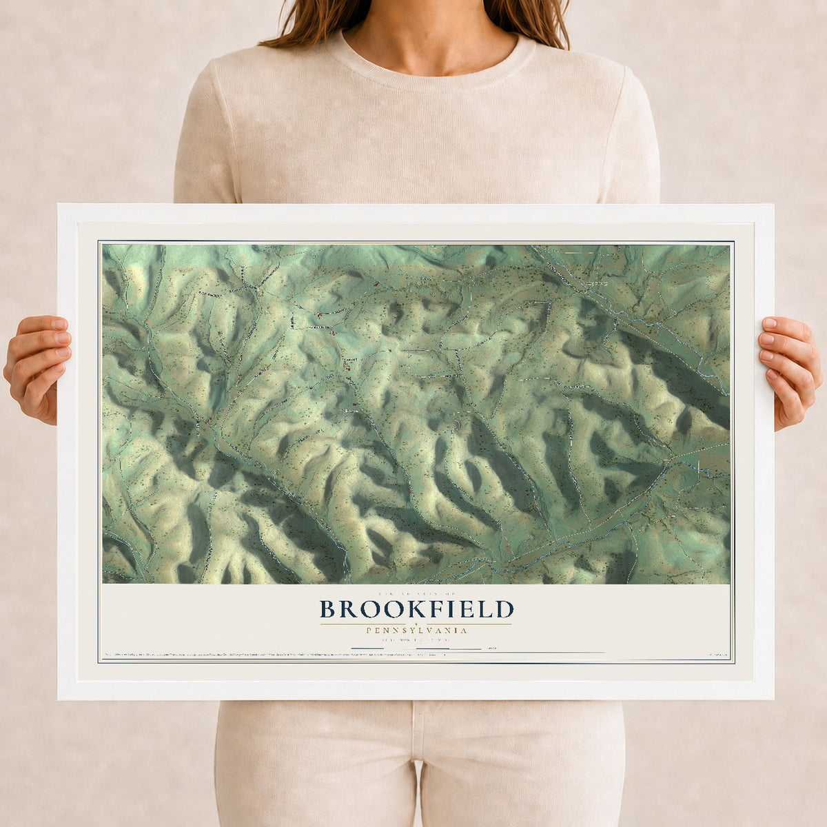 Map of Brookfield, Pennsylvania, 12 x 18 inch print in a white wood frame