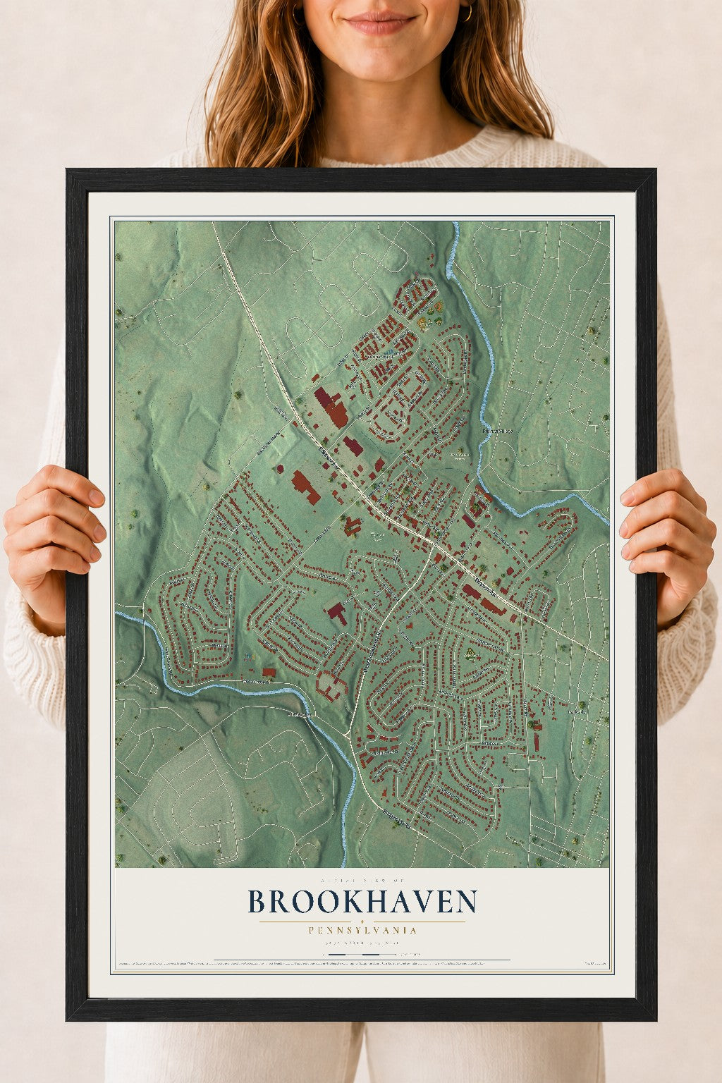 Map of Brookhaven, Pennsylvania, 18 x 24 inch print in a black wood frame