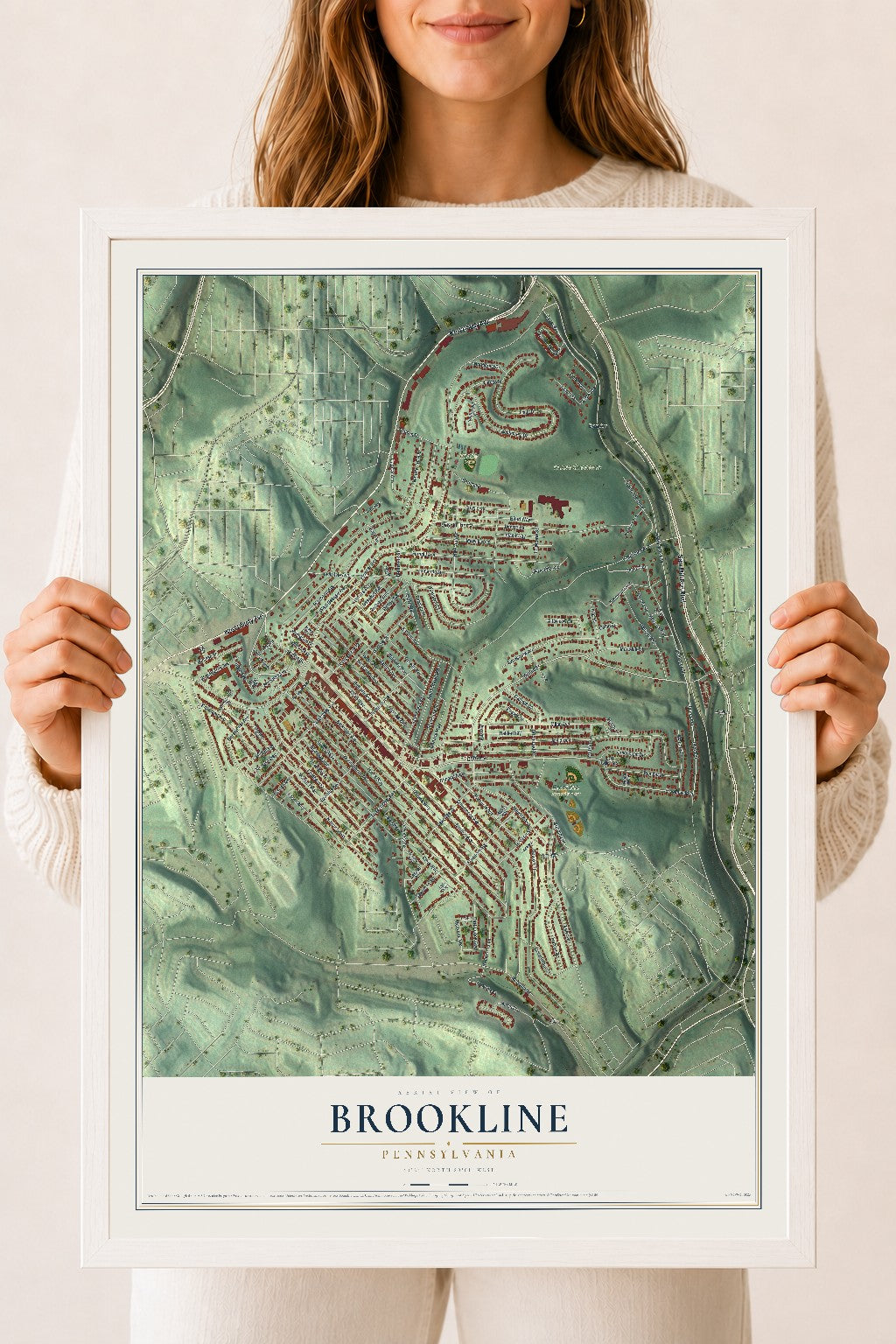 Map of Brookline, Pennsylvania, 18 x 24 inch print in a white wood frame