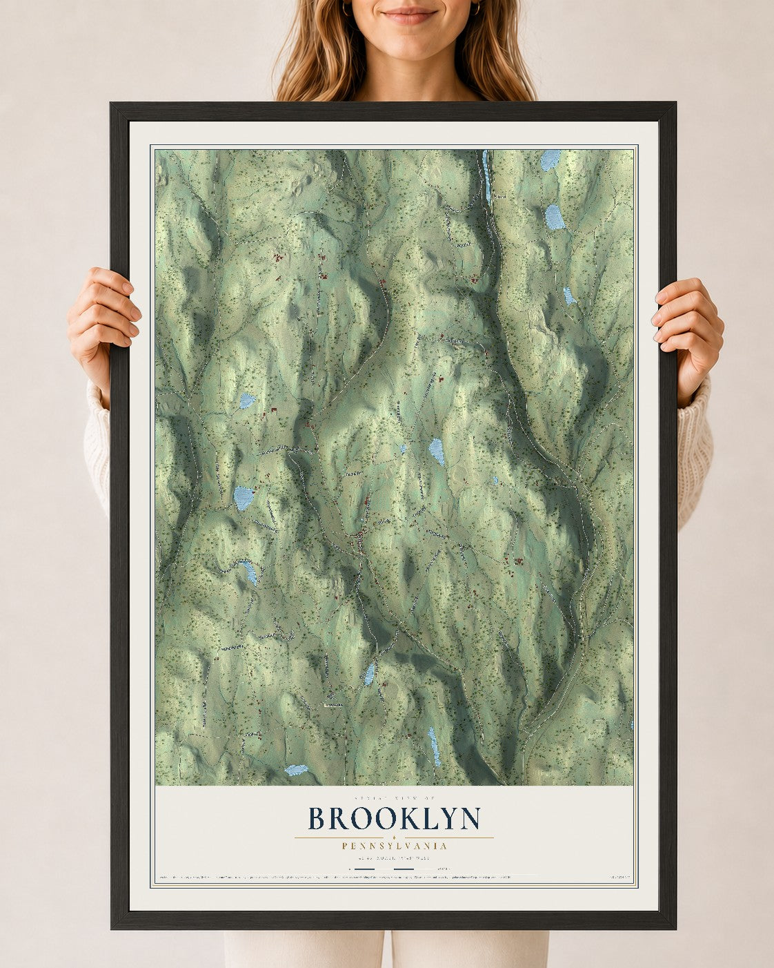Map of Brooklyn, Pennsylvania, 24 x 36 inch print in a black wood frame