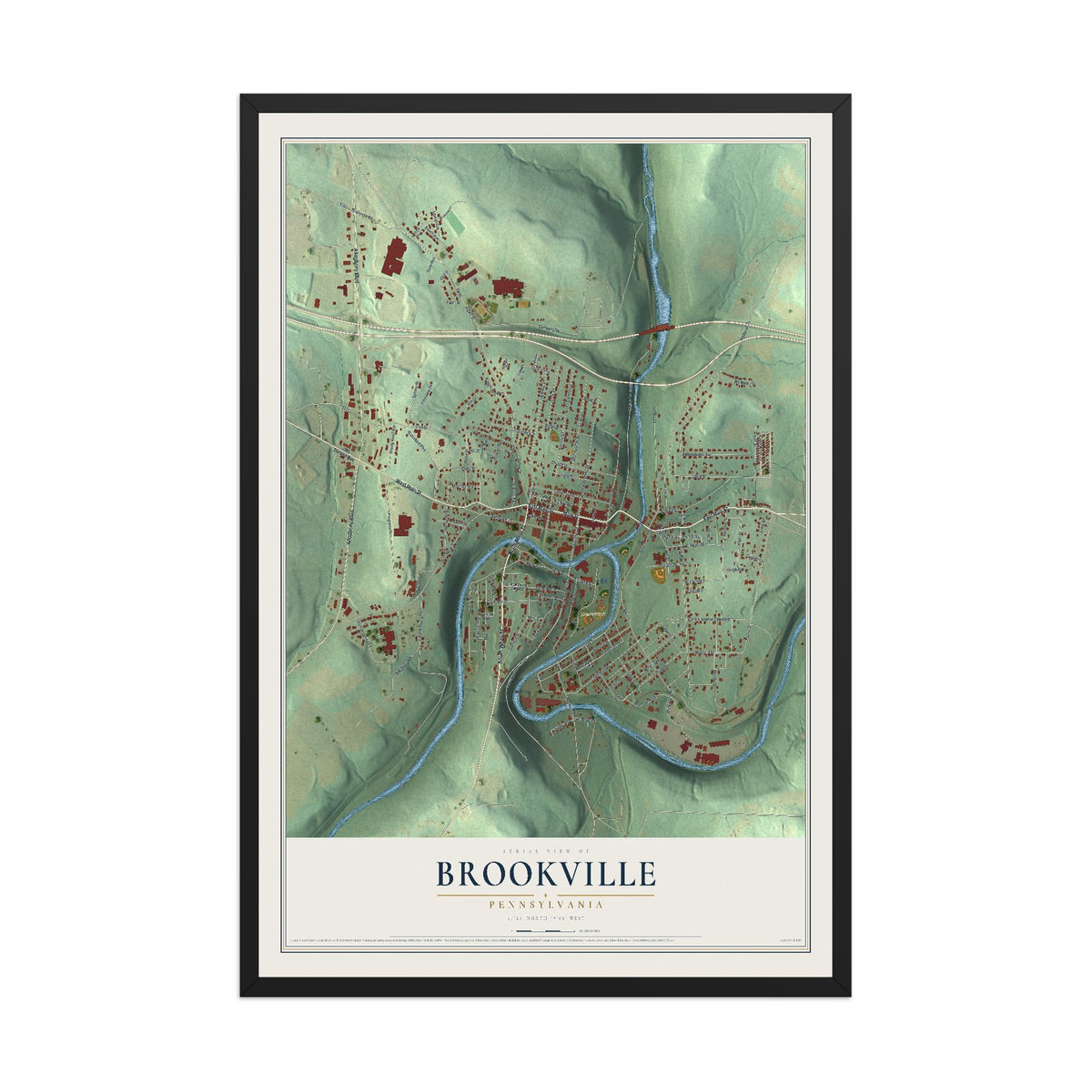 Map of Brookville, Pennsylvania, 12 x 18 inch print in a black wood frame