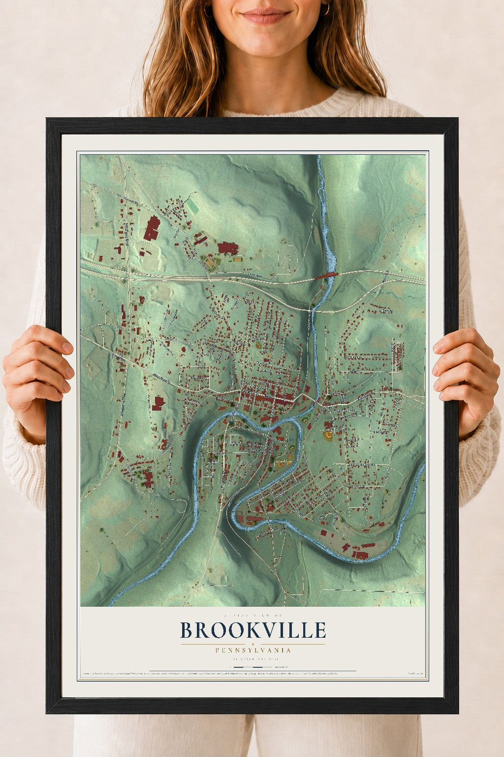 Map of Brookville, Pennsylvania, 18 x 24 inch print in a black wood frame