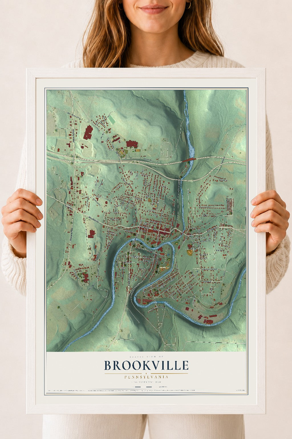Map of Brookville, Pennsylvania, 18 x 24 inch print in a white wood frame