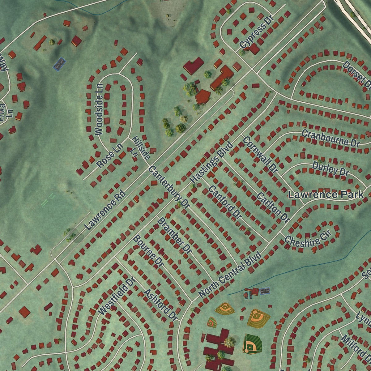 Second close-up of the map of Broomall, Pennsylvania print showing more streets and buildings