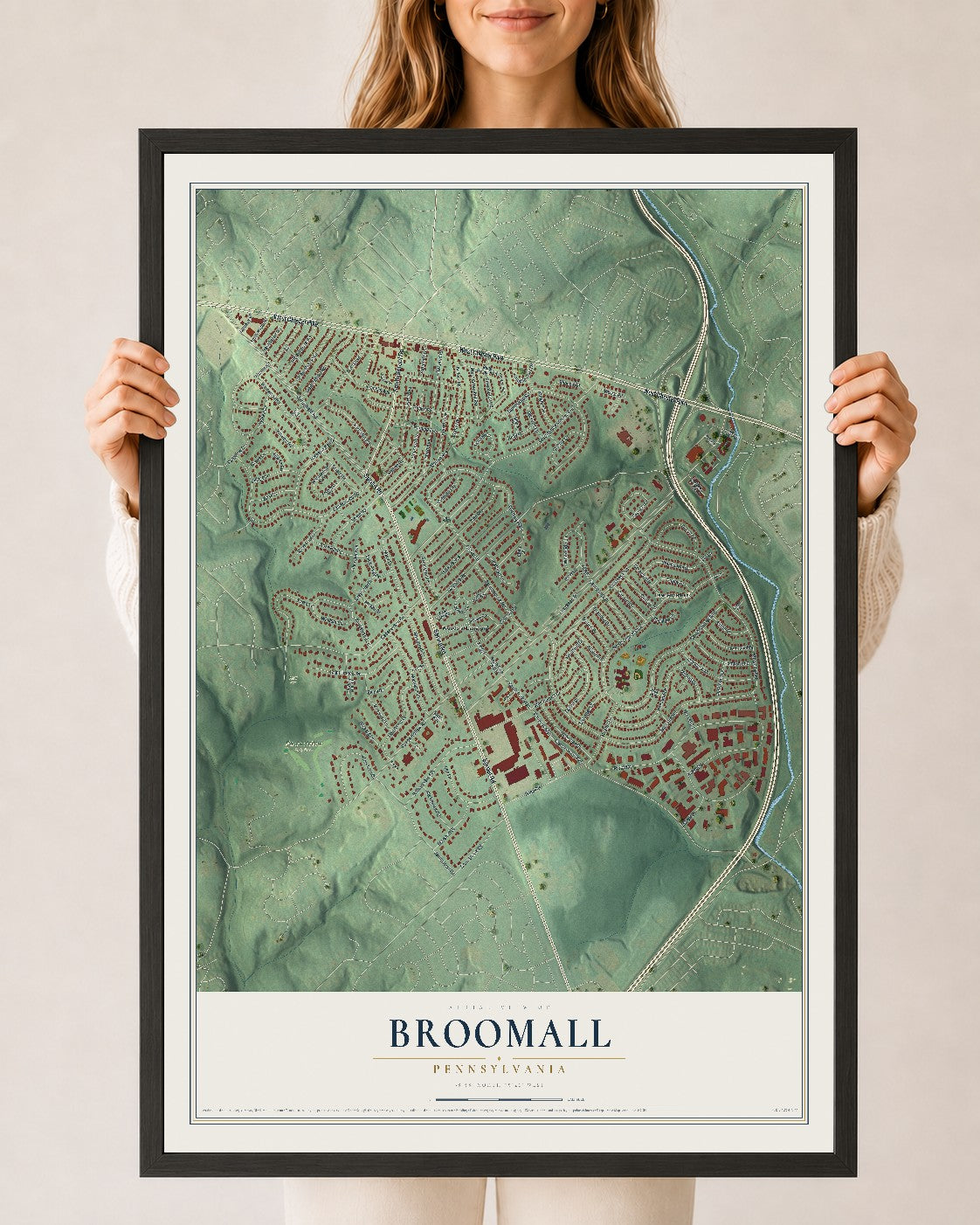 Map of Broomall, Pennsylvania, 24 x 36 inch print in a black wood frame