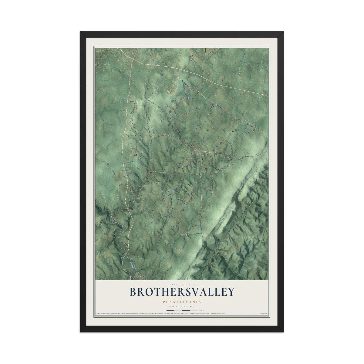 Map of Brothersvalley, Pennsylvania, 12 x 18 inch print in a black wood frame