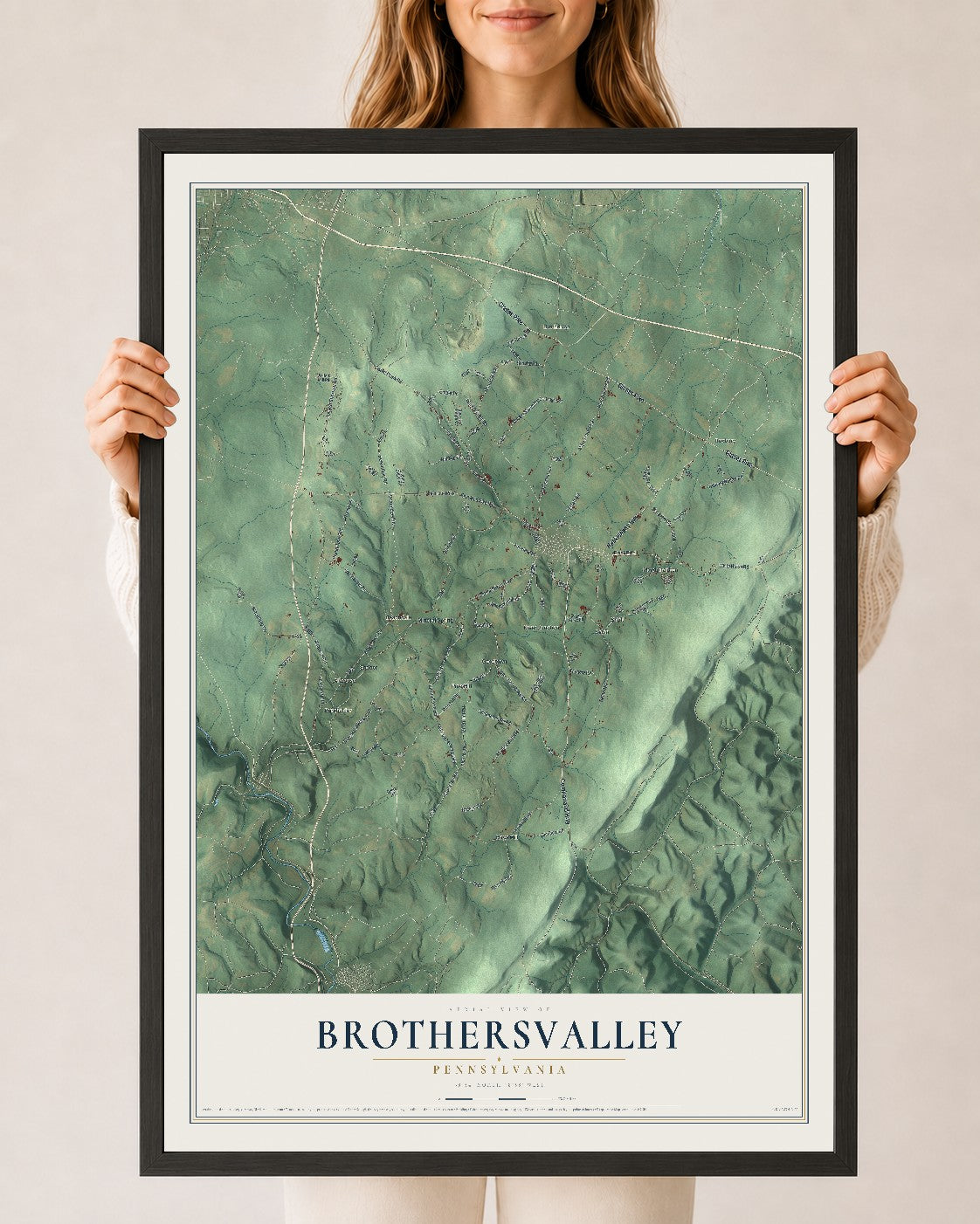 Map of Brothersvalley, Pennsylvania, 24 x 36 inch print in a black wood frame