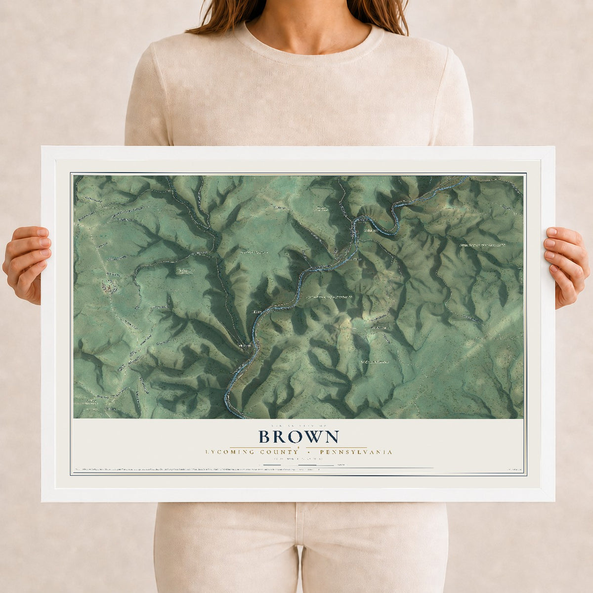 Map of Brown, Lycoming County, Pennsylvania, 12 x 18 inch print in a white wood frame