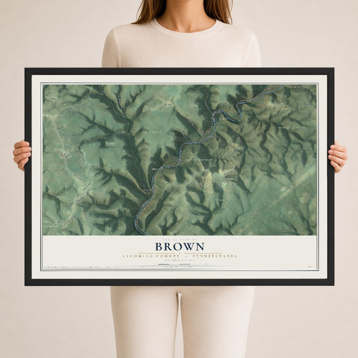 Map of Brown, Lycoming County, Pennsylvania, 24 x 36 inch print in a black wood frame