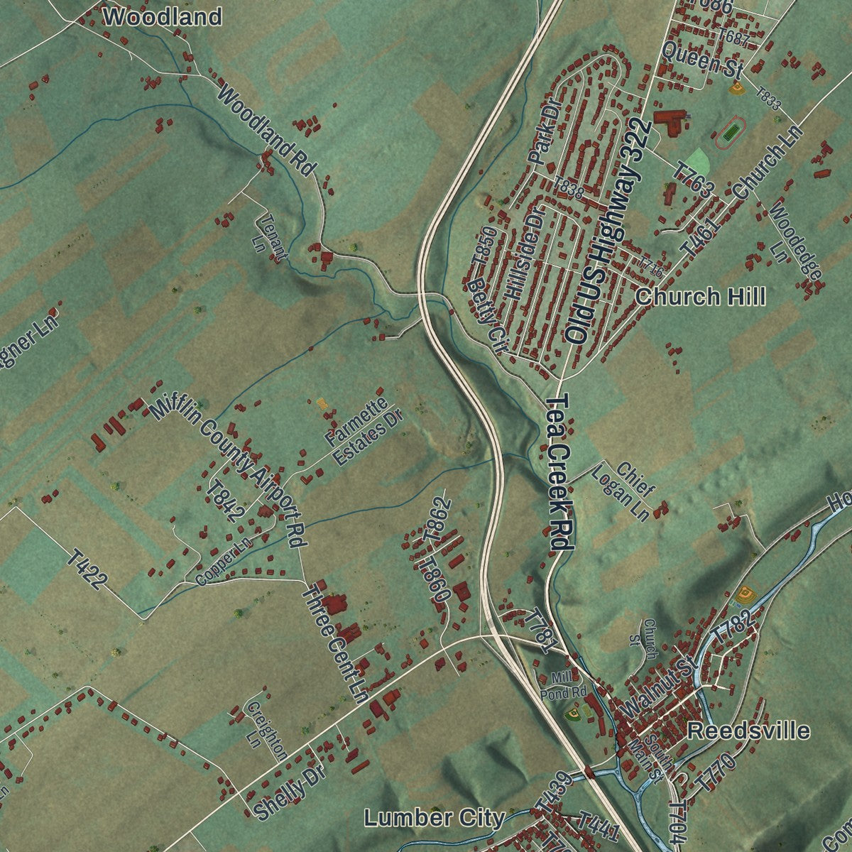Close-up of the map of Brown, Mifflin County, Pennsylvania print showing street and building detail