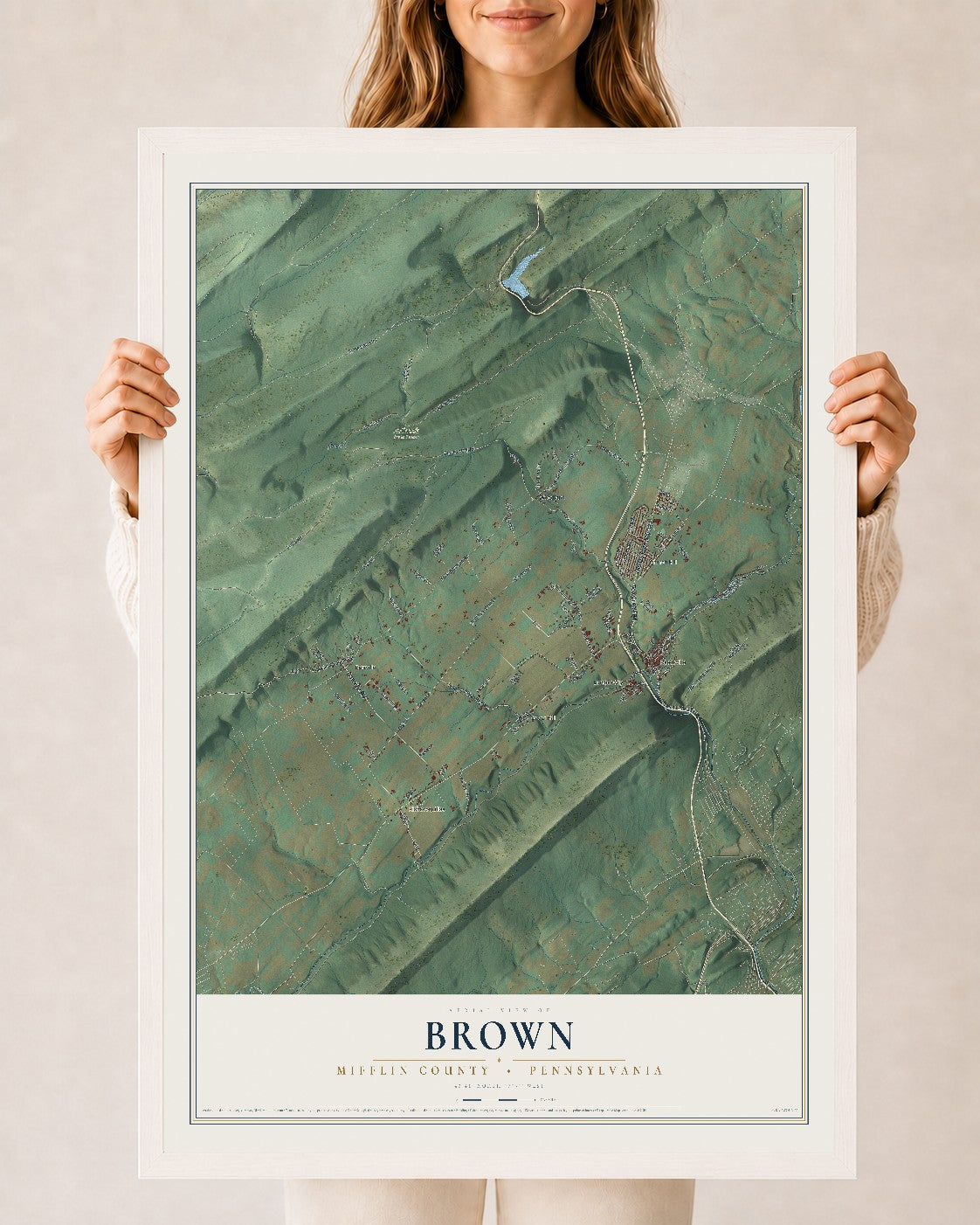 Map of Brown, Mifflin County, Pennsylvania, 24 x 36 inch print in a white wood frame