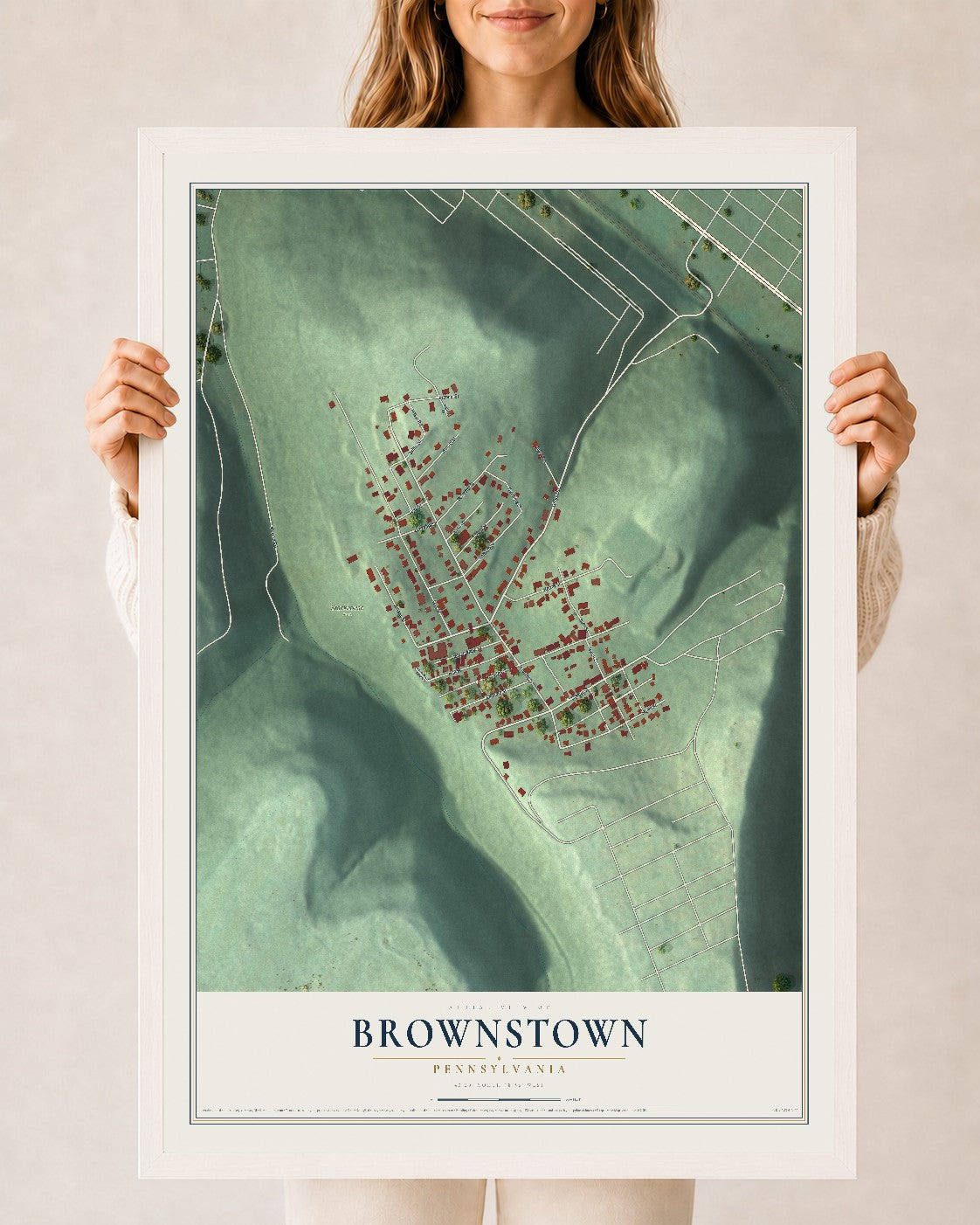 Map of Brownstown, Pennsylvania, 24 x 36 inch print in a white wood frame