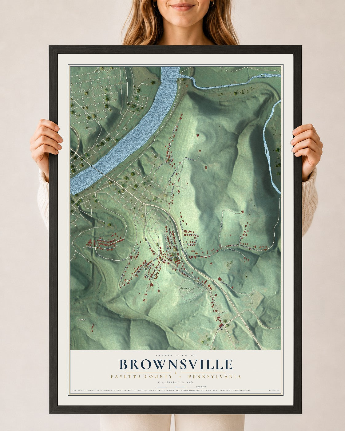 Map of Brownsville, Fayette County, Pennsylvania, 24 x 36 inch print in a black wood frame