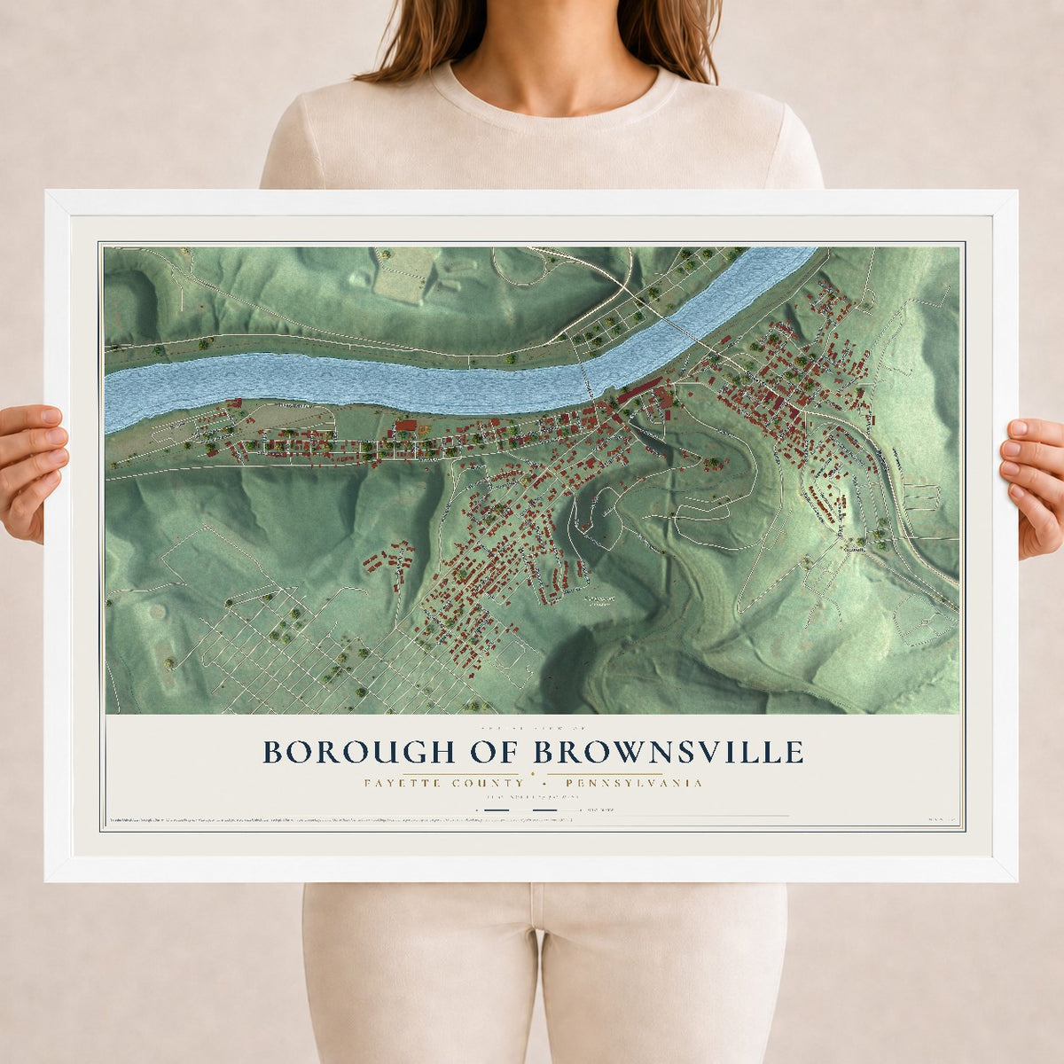 Map of the Borough of Brownsville, Fayette County, Pennsylvania, 18 x 24 inch print in a white wood frame