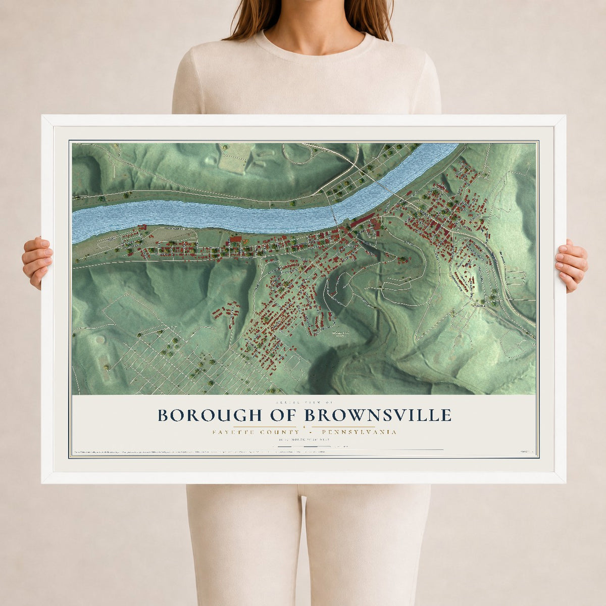 Map of the Borough of Brownsville, Fayette County, Pennsylvania, 24 x 36 inch print in a white wood frame