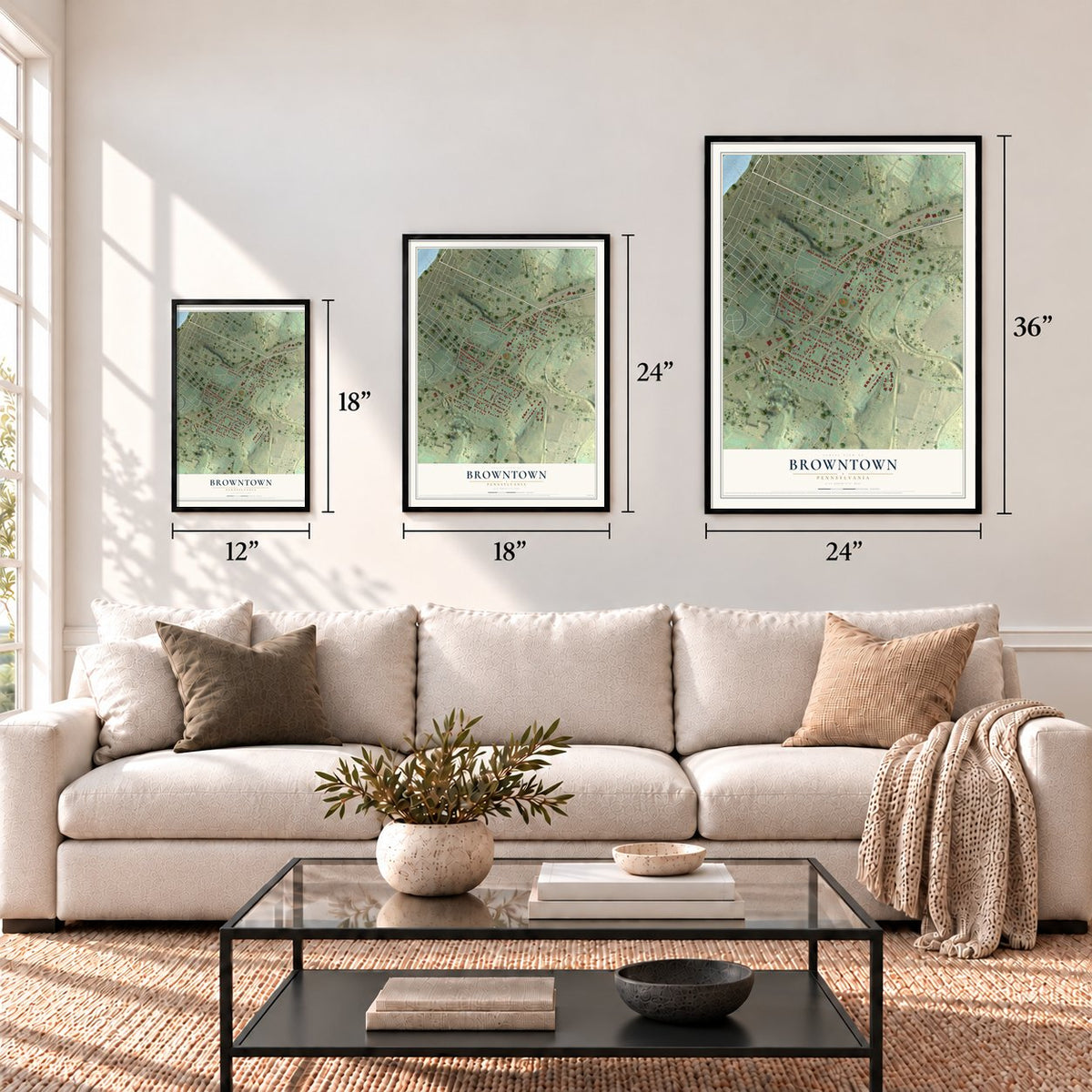 Browntown, Pennsylvania map in 12 x 18, 18 x 24 and 24 x 36 inch sizes above a sofa