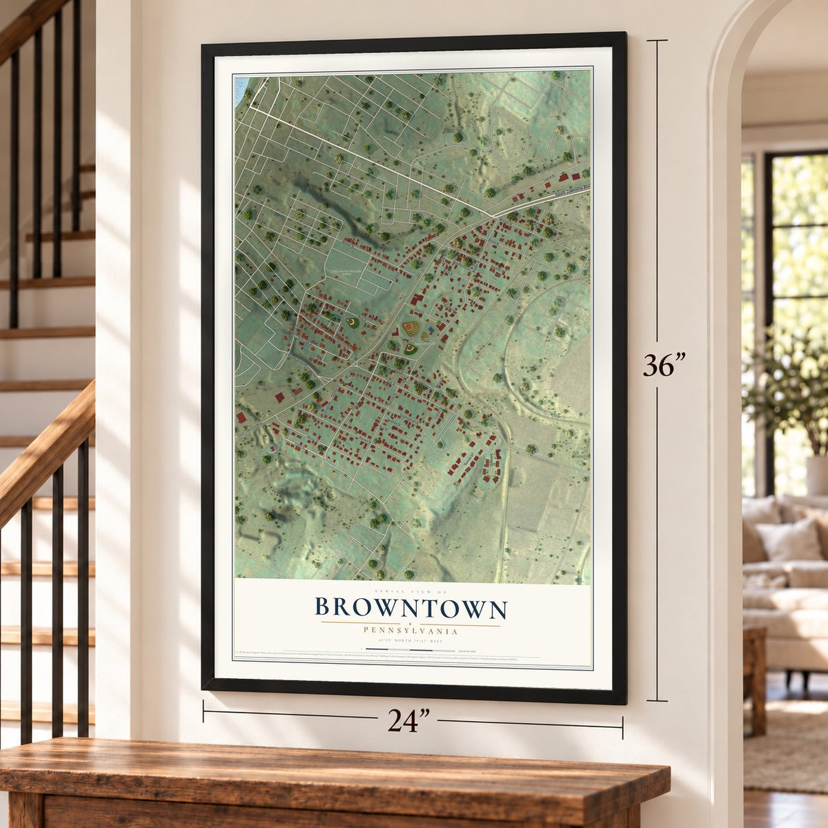 Browntown, Pennsylvania map, 24 x 36 inch print in a black frame by a staircase