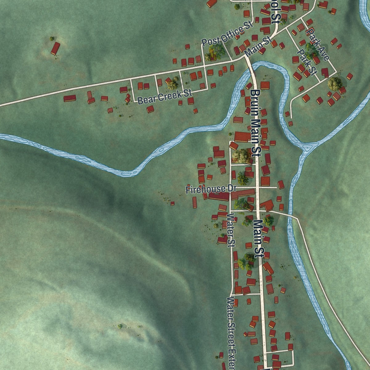 Close-up of the map of Bruin, Pennsylvania print showing street and building detail