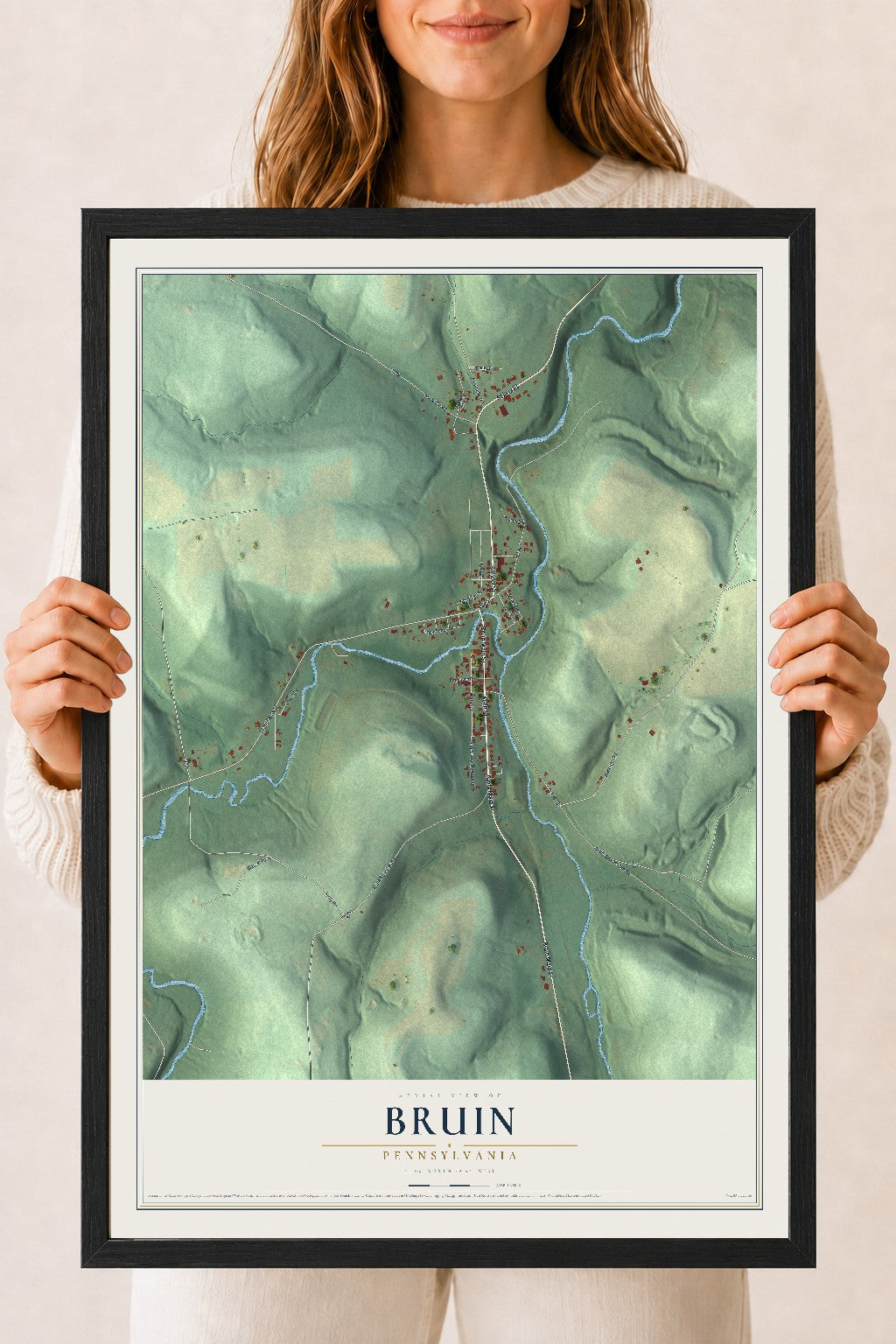 Map of Bruin, Pennsylvania, 18 x 24 inch print in a black wood frame