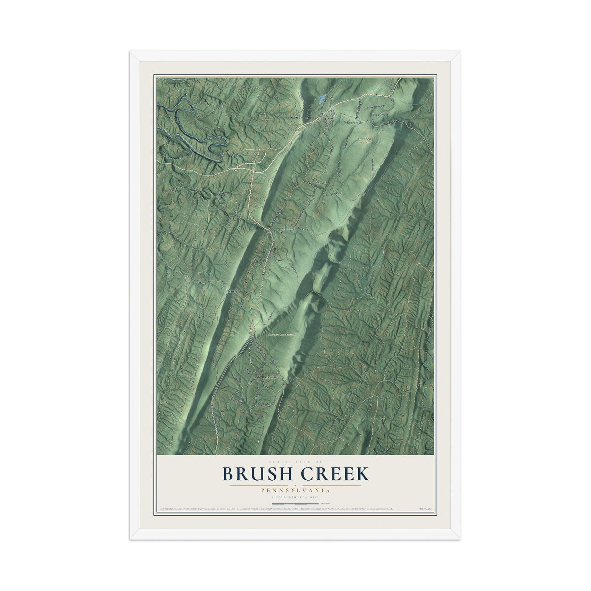 Map of Brush Creek, Pennsylvania, 12 x 18 inch print in a white wood frame