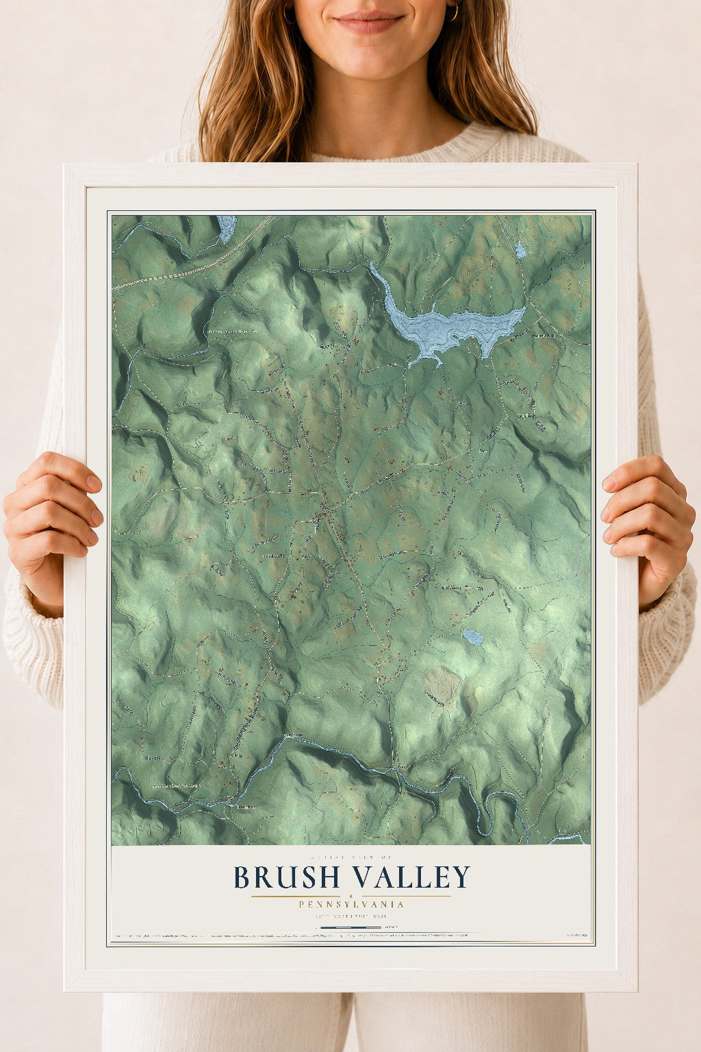 Map of Brush Valley, Pennsylvania, 18 x 24 inch print in a white wood frame