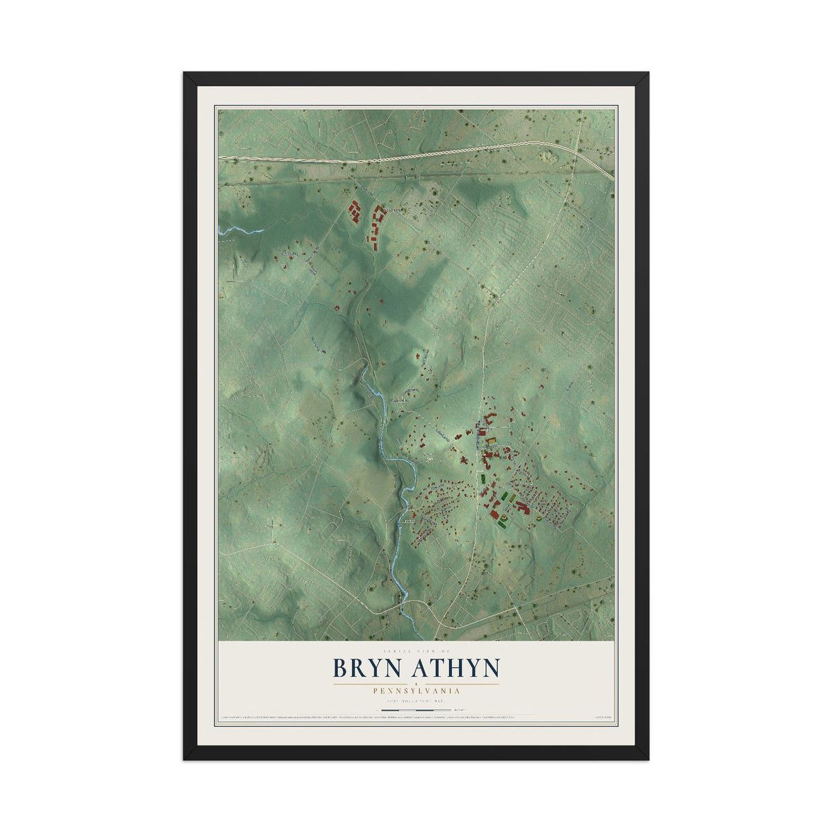 Map of Bryn Athyn, Pennsylvania, 12 x 18 inch print in a black wood frame
