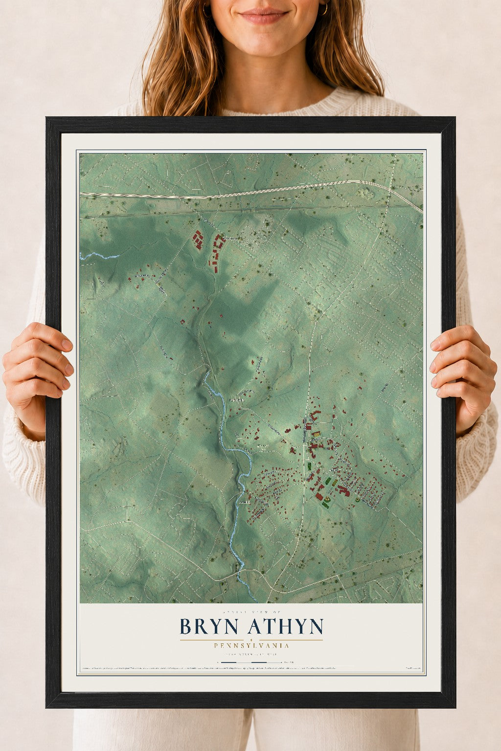 Map of Bryn Athyn, Pennsylvania, 18 x 24 inch print in a black wood frame