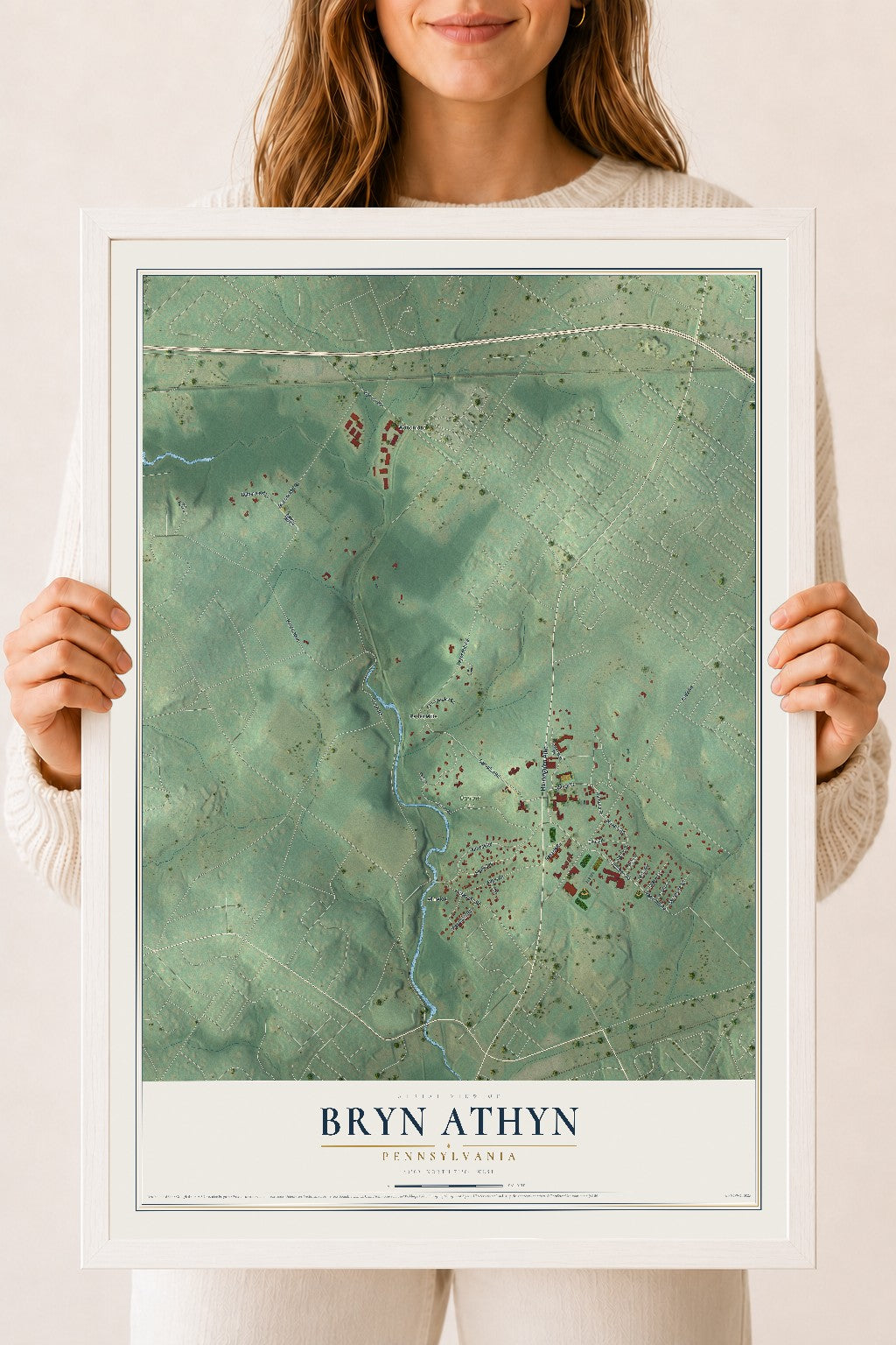 Map of Bryn Athyn, Pennsylvania, 18 x 24 inch print in a white wood frame
