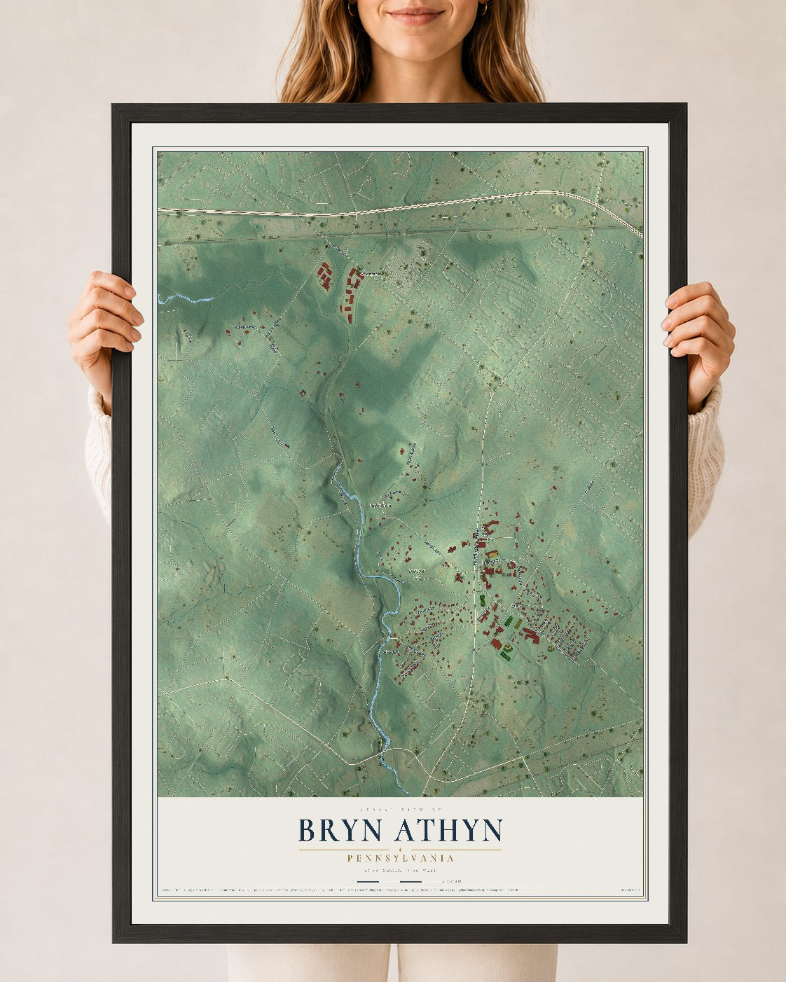 Map of Bryn Athyn, Pennsylvania, 24 x 36 inch print in a black wood frame