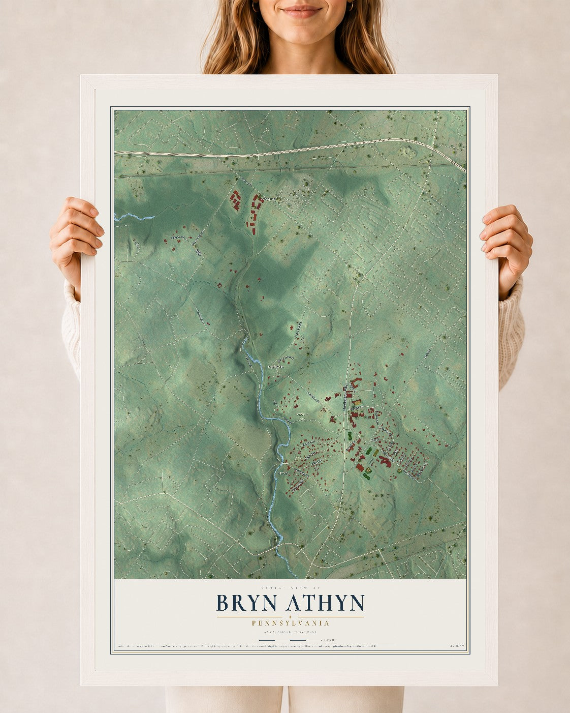 Map of Bryn Athyn, Pennsylvania, 24 x 36 inch print in a white wood frame