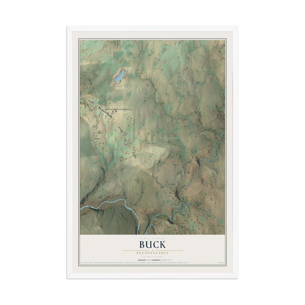 Map of Buck, Pennsylvania, 12 x 18 inch print in a white wood frame