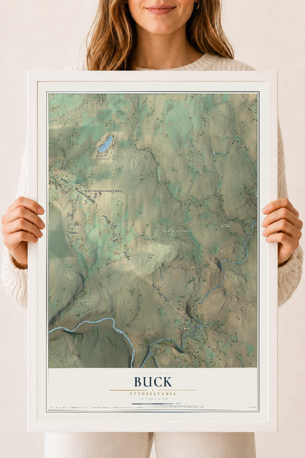 Map of Buck, Pennsylvania, 18 x 24 inch print in a white wood frame
