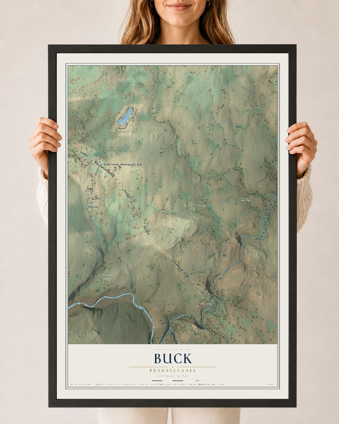 Map of Buck, Pennsylvania, 24 x 36 inch print in a black wood frame