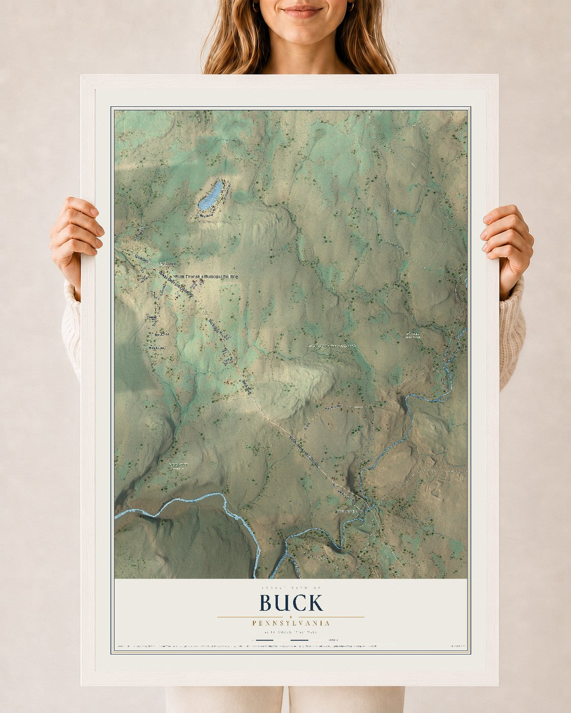 Map of Buck, Pennsylvania, 24 x 36 inch print in a white wood frame