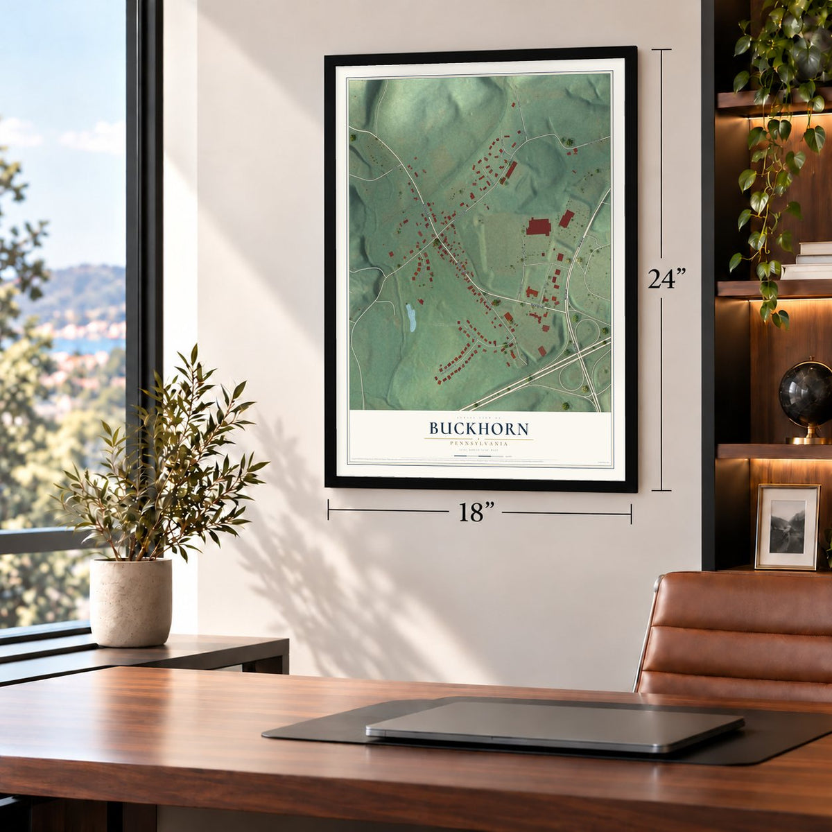 Buckhorn, Pennsylvania map, 18 x 24 inch print in a black frame in a home office