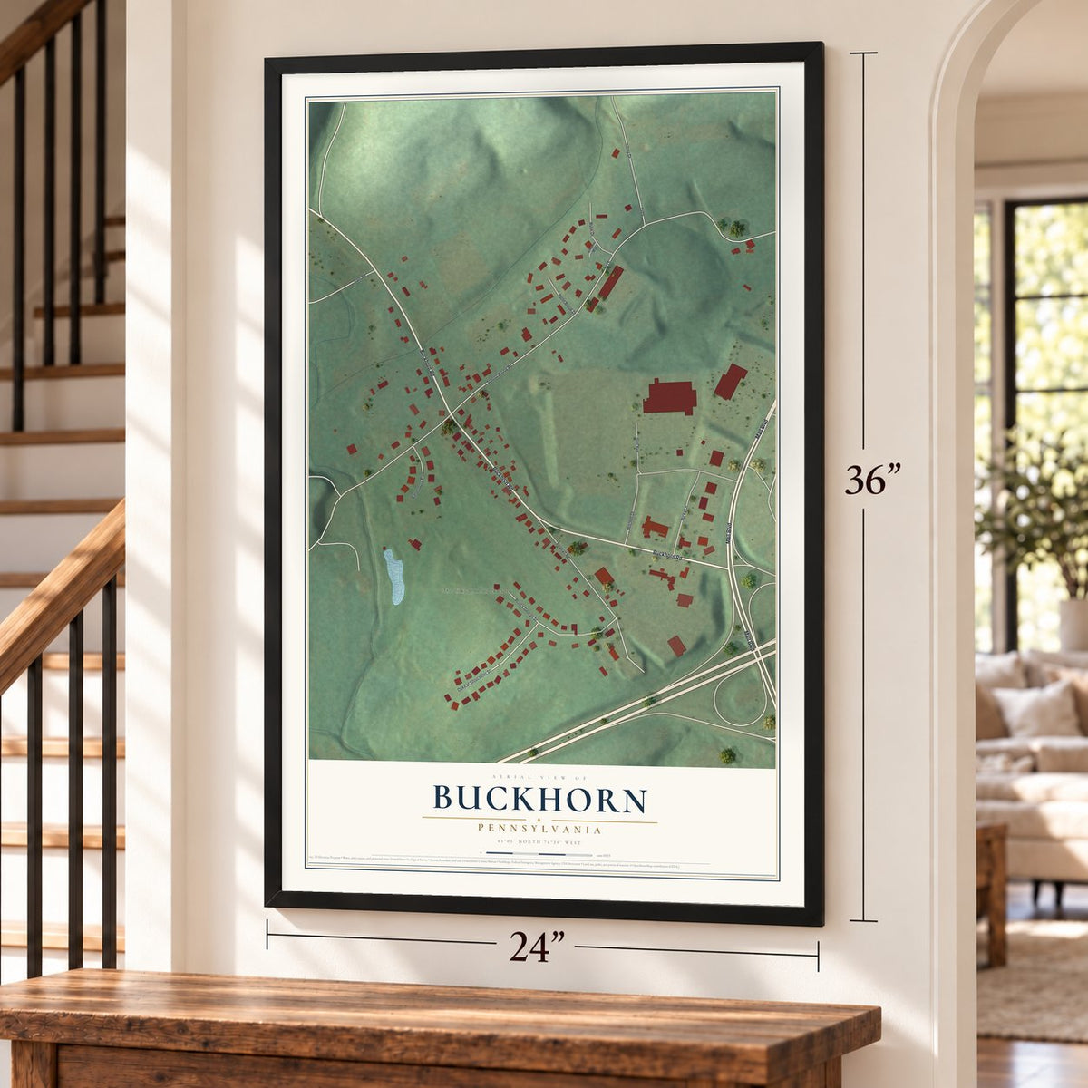 Buckhorn, Pennsylvania map, 24 x 36 inch print in a black frame by a staircase