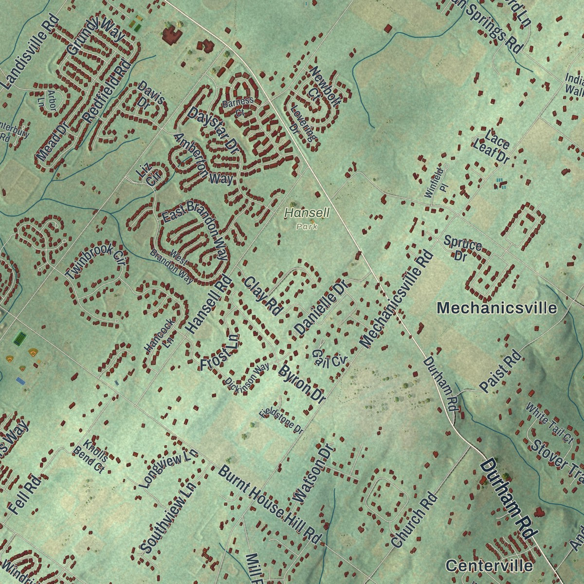 Close-up of the map of Buckingham, Bucks County, Pennsylvania print showing street and building detail