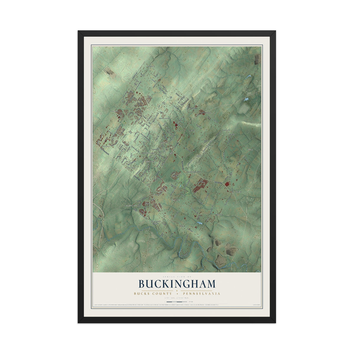 Map of Buckingham, Bucks County, Pennsylvania, 12 x 18 inch print in a black wood frame