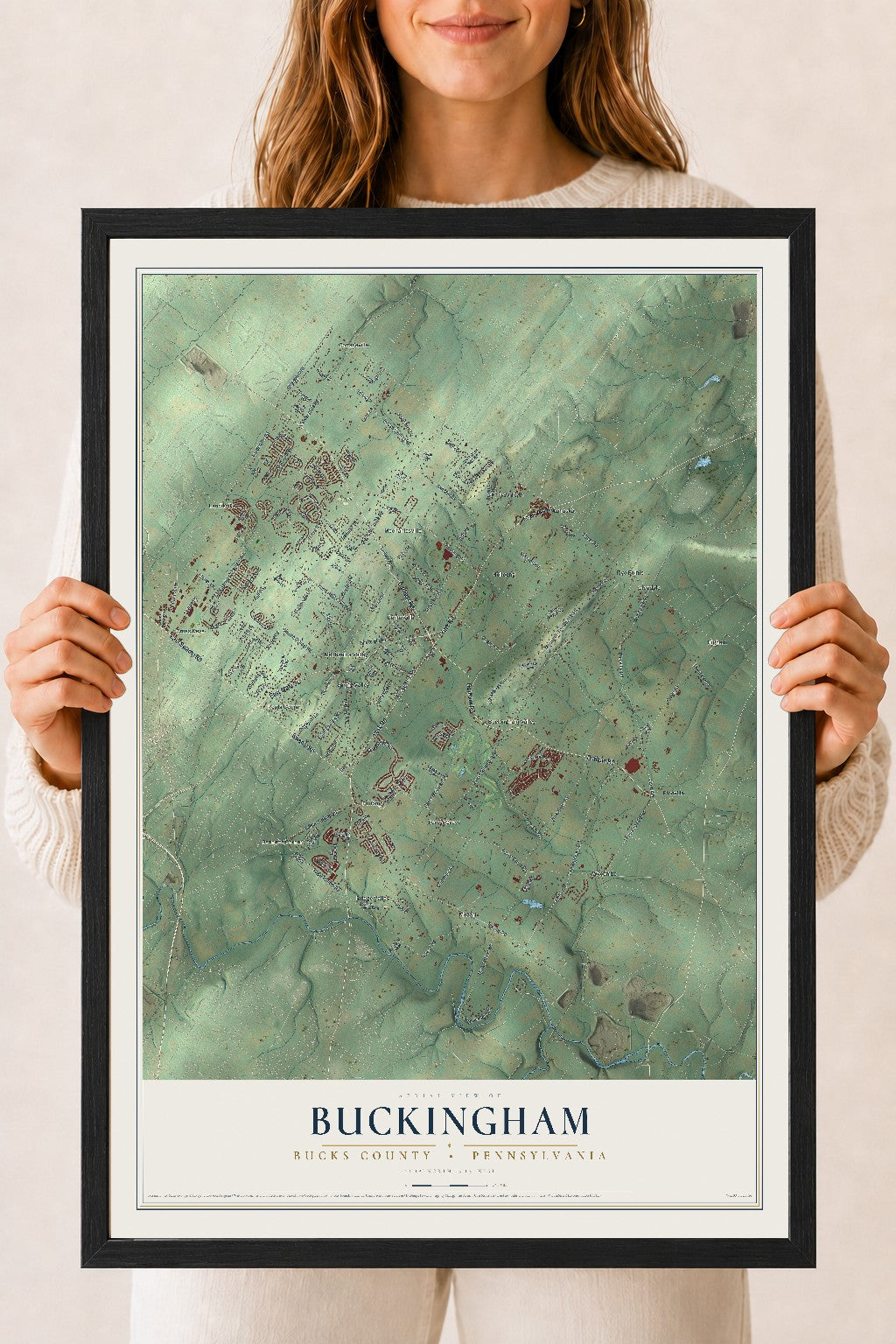 Map of Buckingham, Bucks County, Pennsylvania, 18 x 24 inch print in a black wood frame