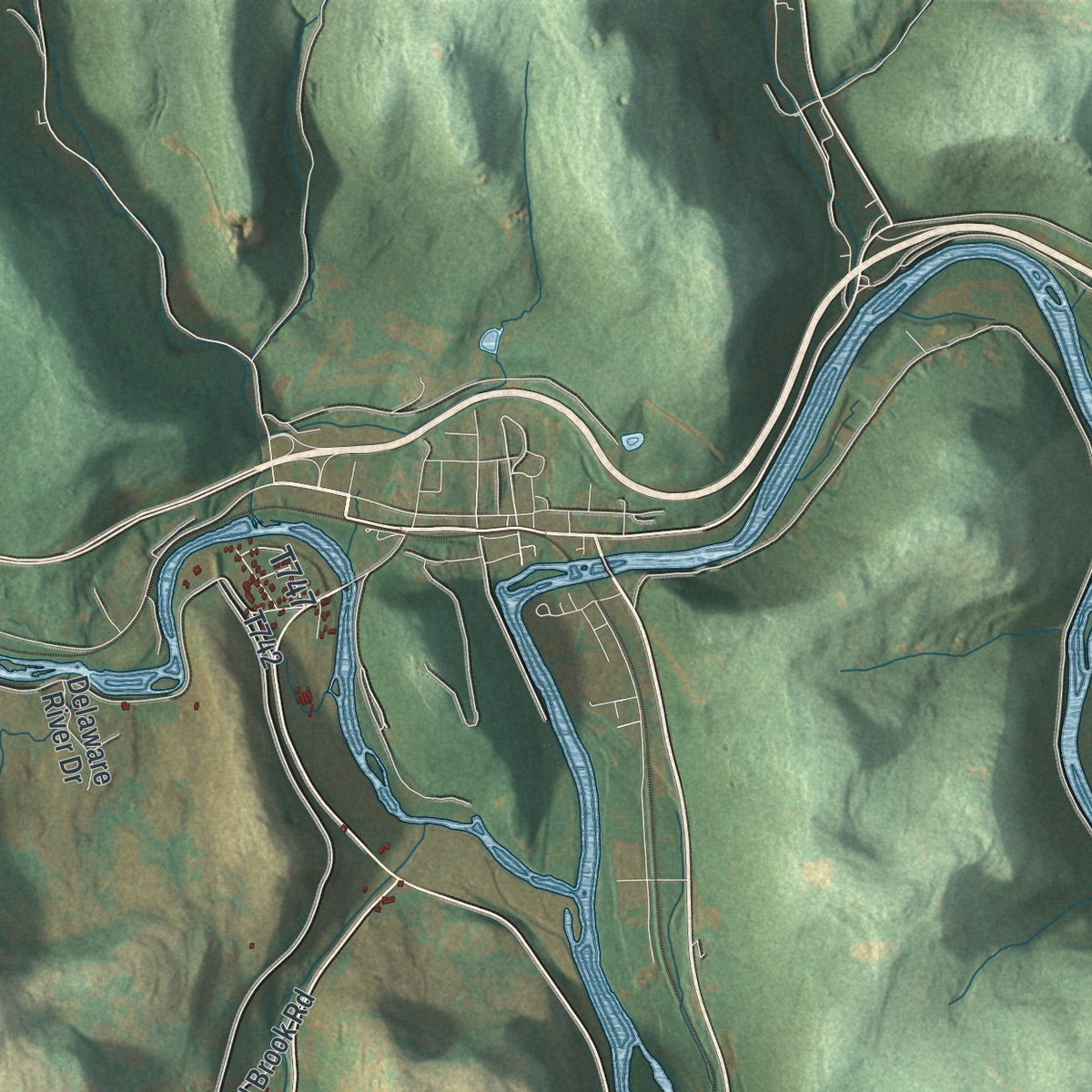 Second close-up of the map of Buckingham, Wayne County, Pennsylvania print showing more streets and buildings