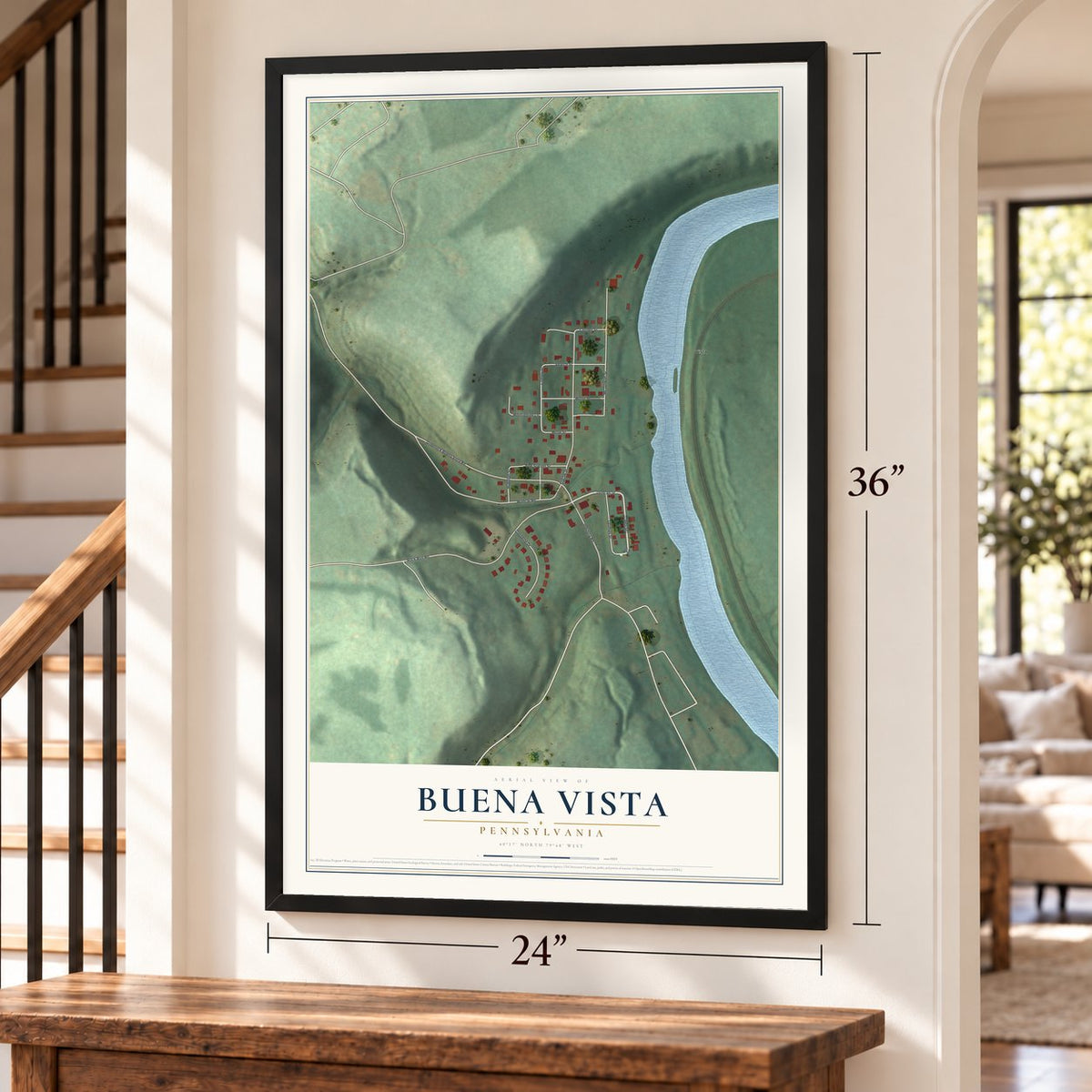 Buena Vista, Pennsylvania map, 24 x 36 inch print in a black frame by a staircase