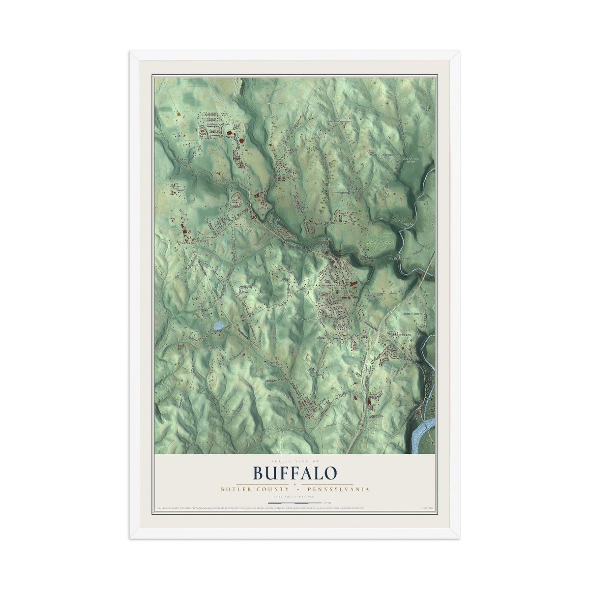 Map of Buffalo, Butler County, Pennsylvania, 12 x 18 inch print in a white wood frame