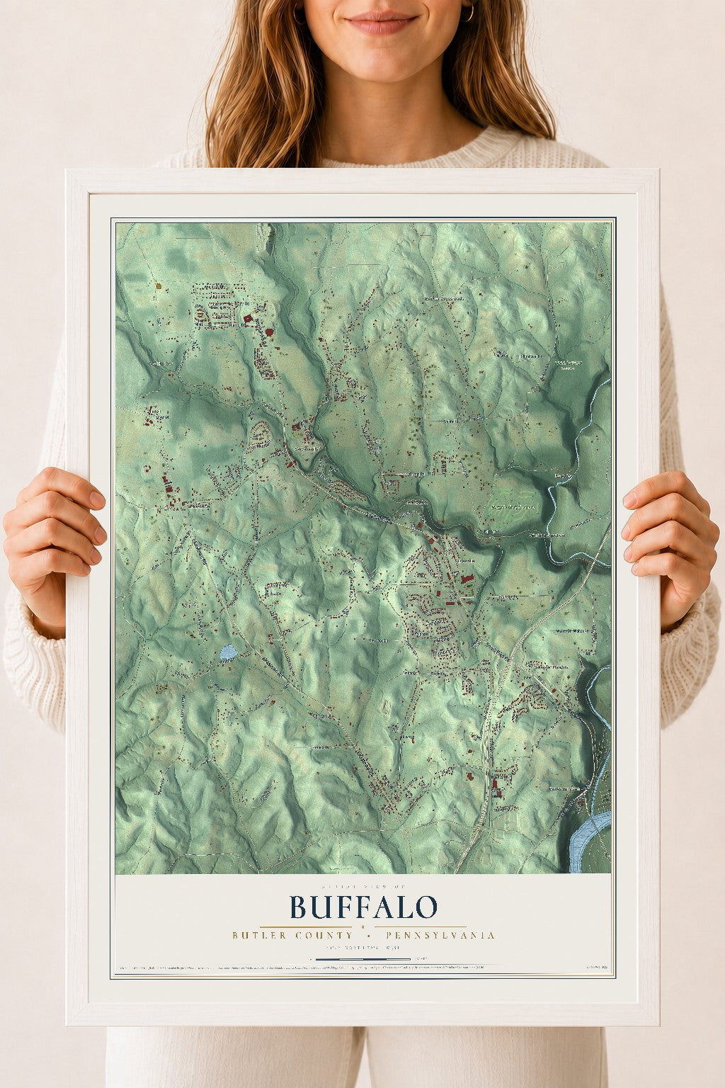 Map of Buffalo, Butler County, Pennsylvania, 18 x 24 inch print in a white wood frame