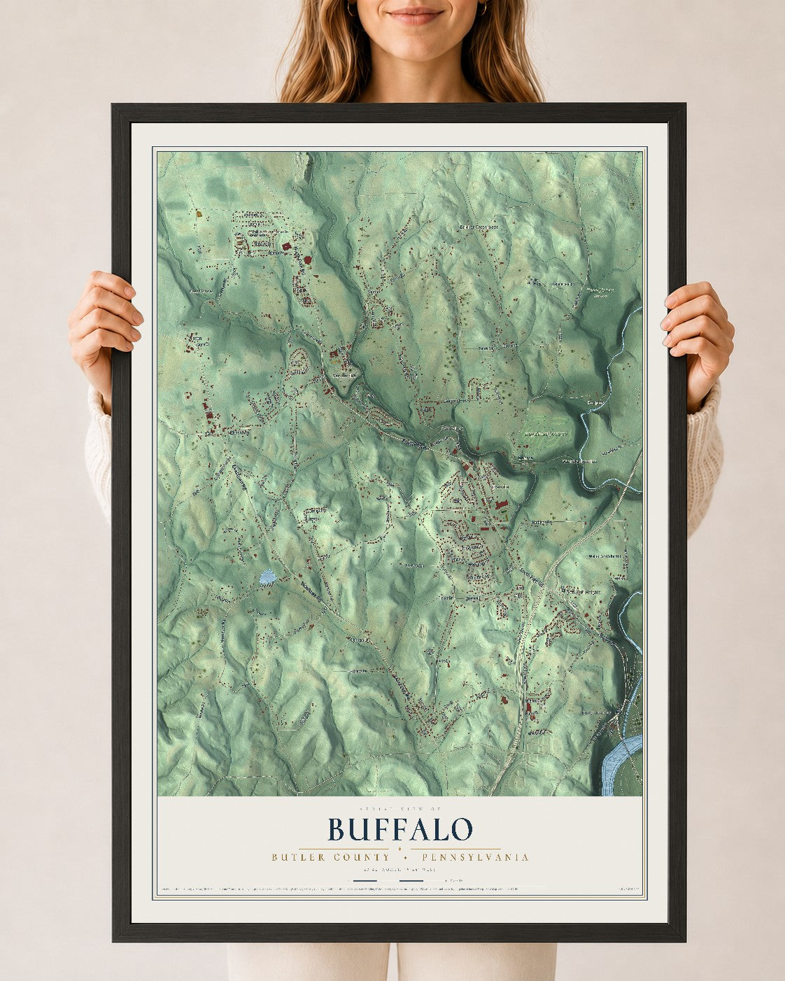 Map of Buffalo, Butler County, Pennsylvania, 24 x 36 inch print in a black wood frame