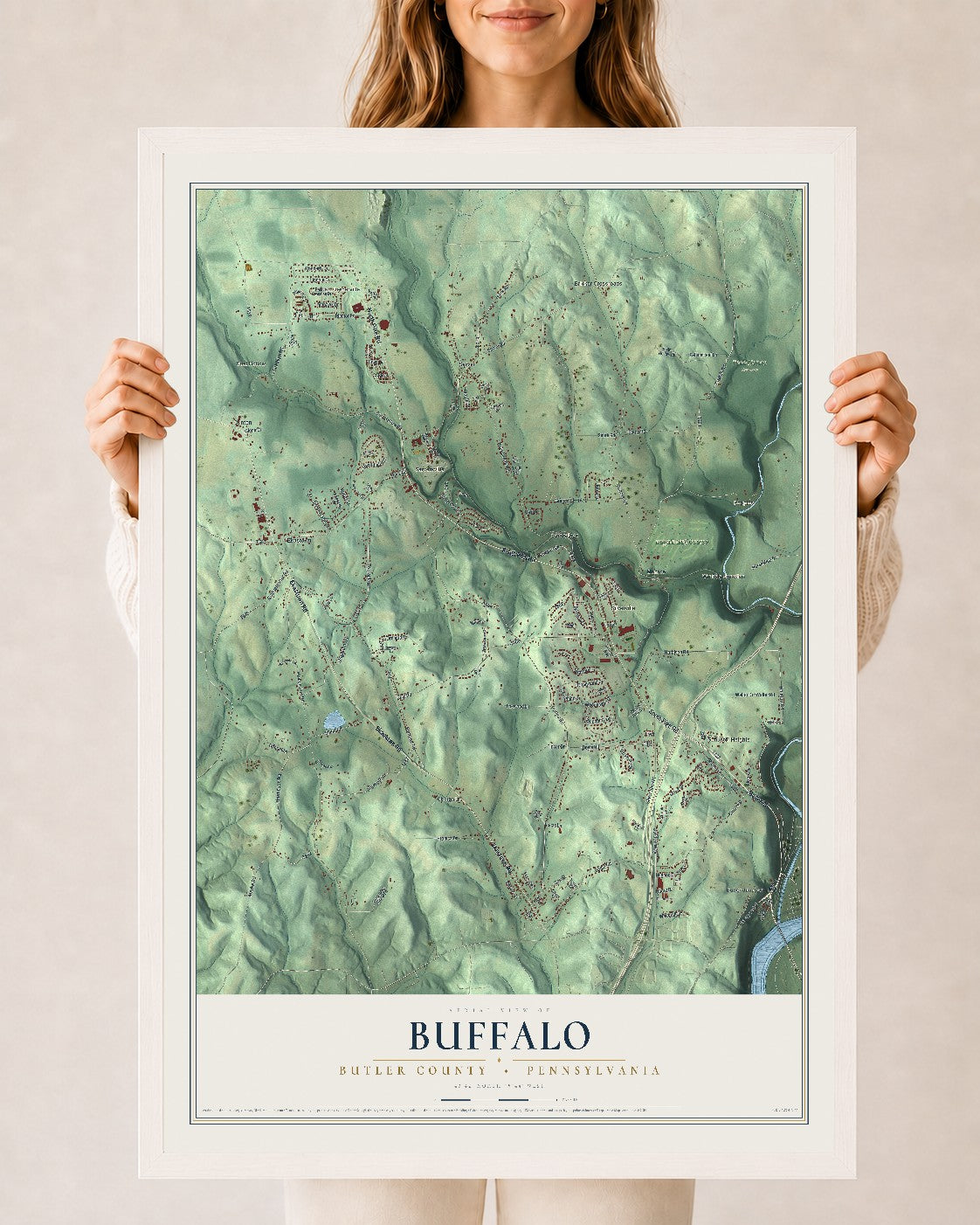 Map of Buffalo, Butler County, Pennsylvania, 24 x 36 inch print in a white wood frame