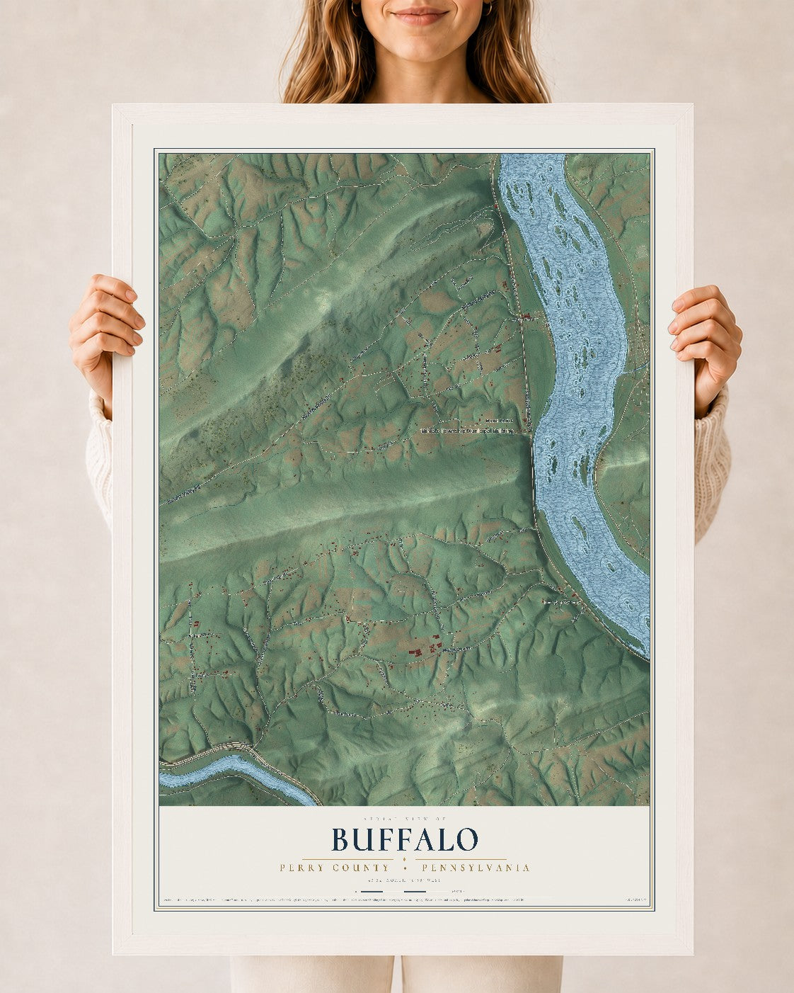 Map of Buffalo, Perry County, Pennsylvania, 24 x 36 inch print in a white wood frame